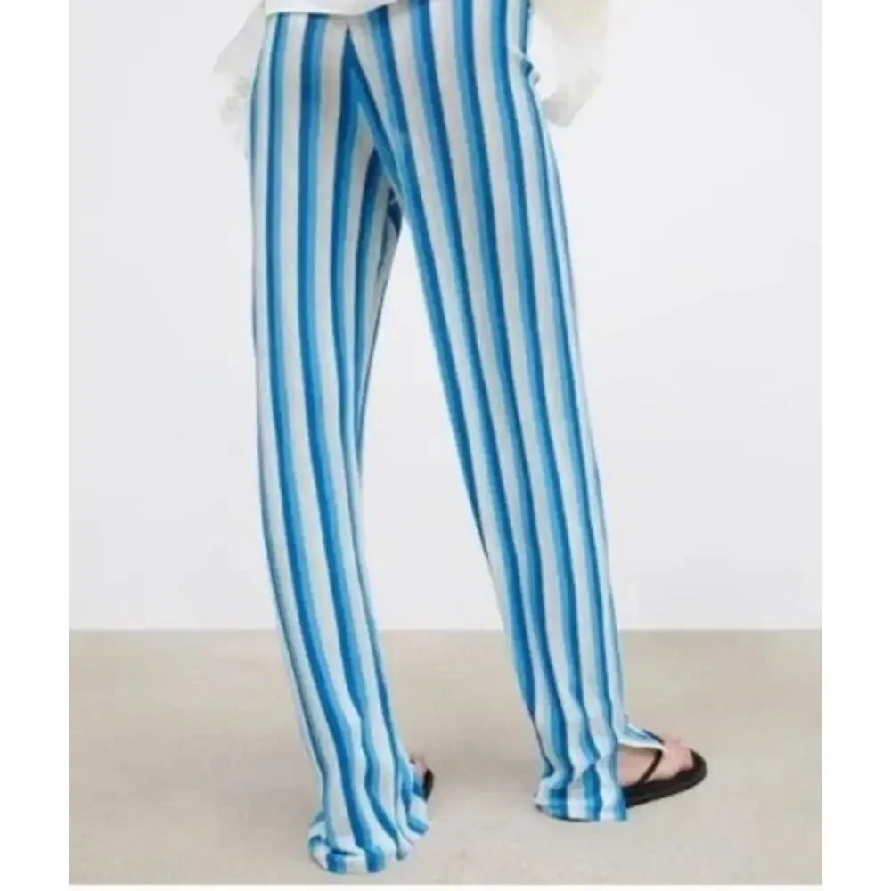 New NWT Zara Linen Wide Leg Blue White Stripe Pants‎ Size Small